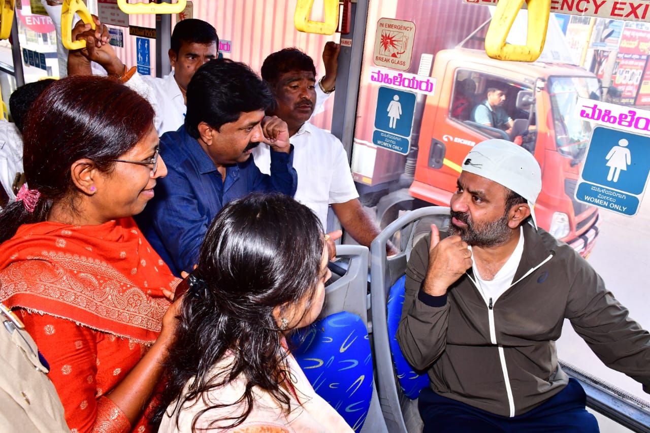 Minister Santosh Lad travels on Volvo Chigari BRTS bus in Hubballi